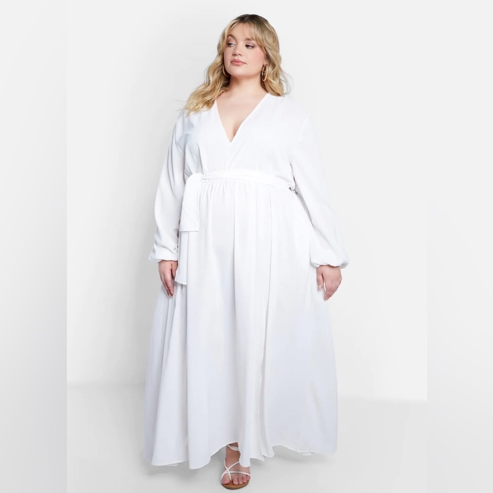 ✨Deep Neck Belted White Maxi Dress - 1X Rebdolls